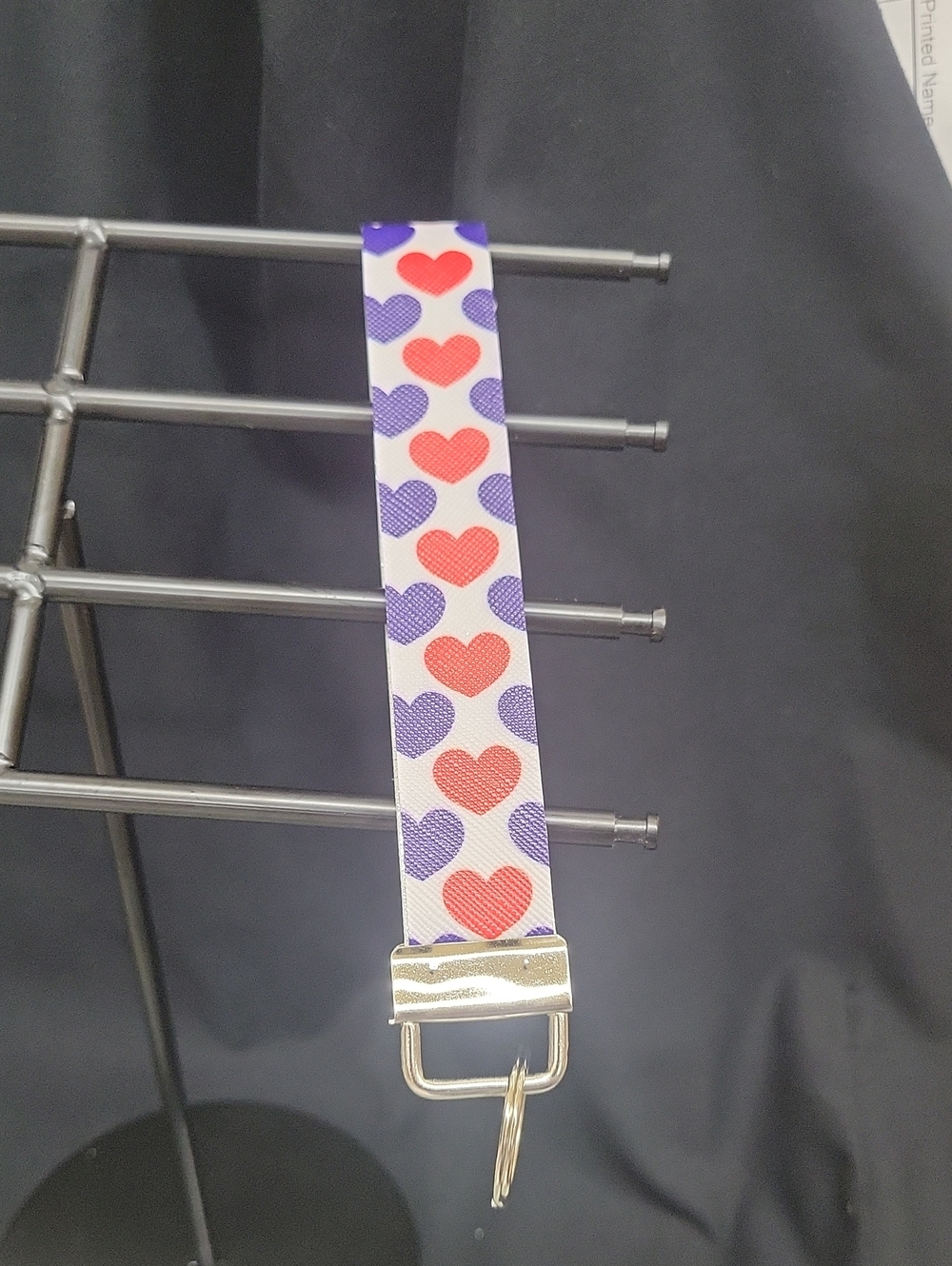 Heart Print Keychain Wristlet - White with Red & Blue Hearts